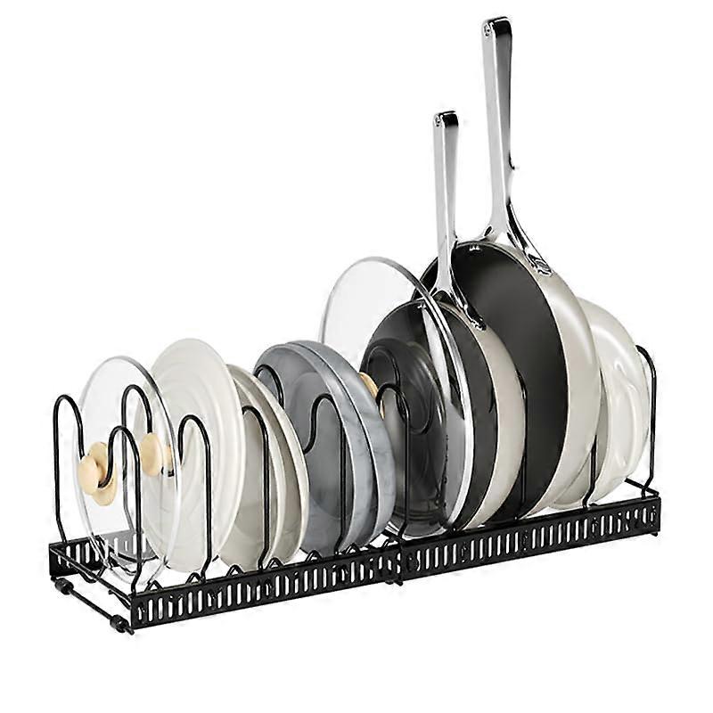Expandable Pot and Pan Organizer Rack with 10 Adjustable Dividers for Kitchen Cabinet and Lids Storage