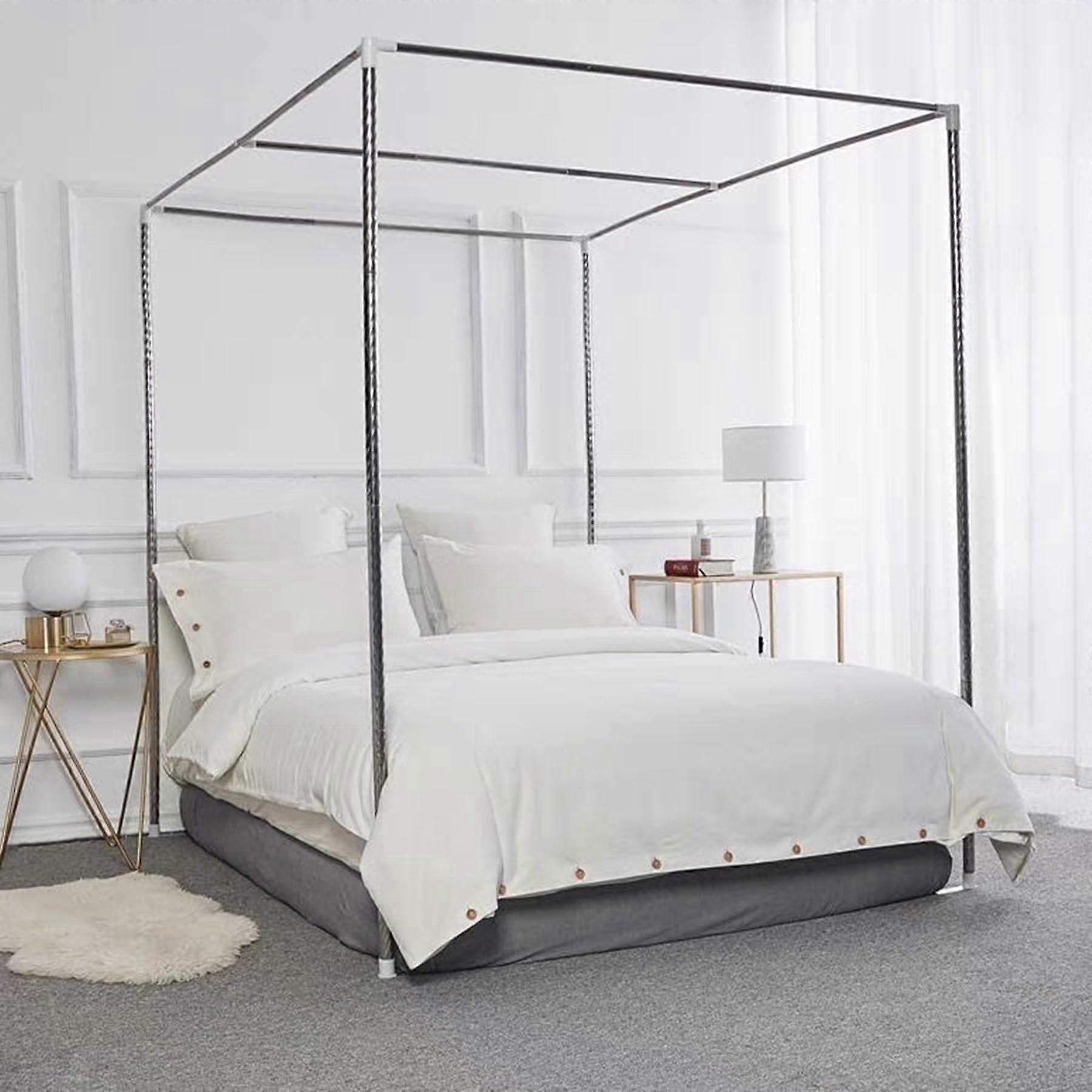 King Size Stainless Steel Canopy Bed Frame with Four Posts for Mosquito Net, Easy Install, Silver