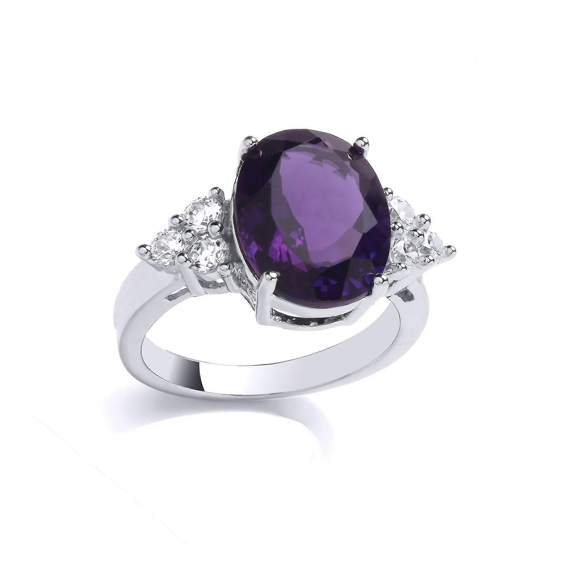 Jewelco London Ladies Rhodium Plated Sterling Silver Purple Oval CZ 3 Stone Angel Wings Cluster Cocktail Ring