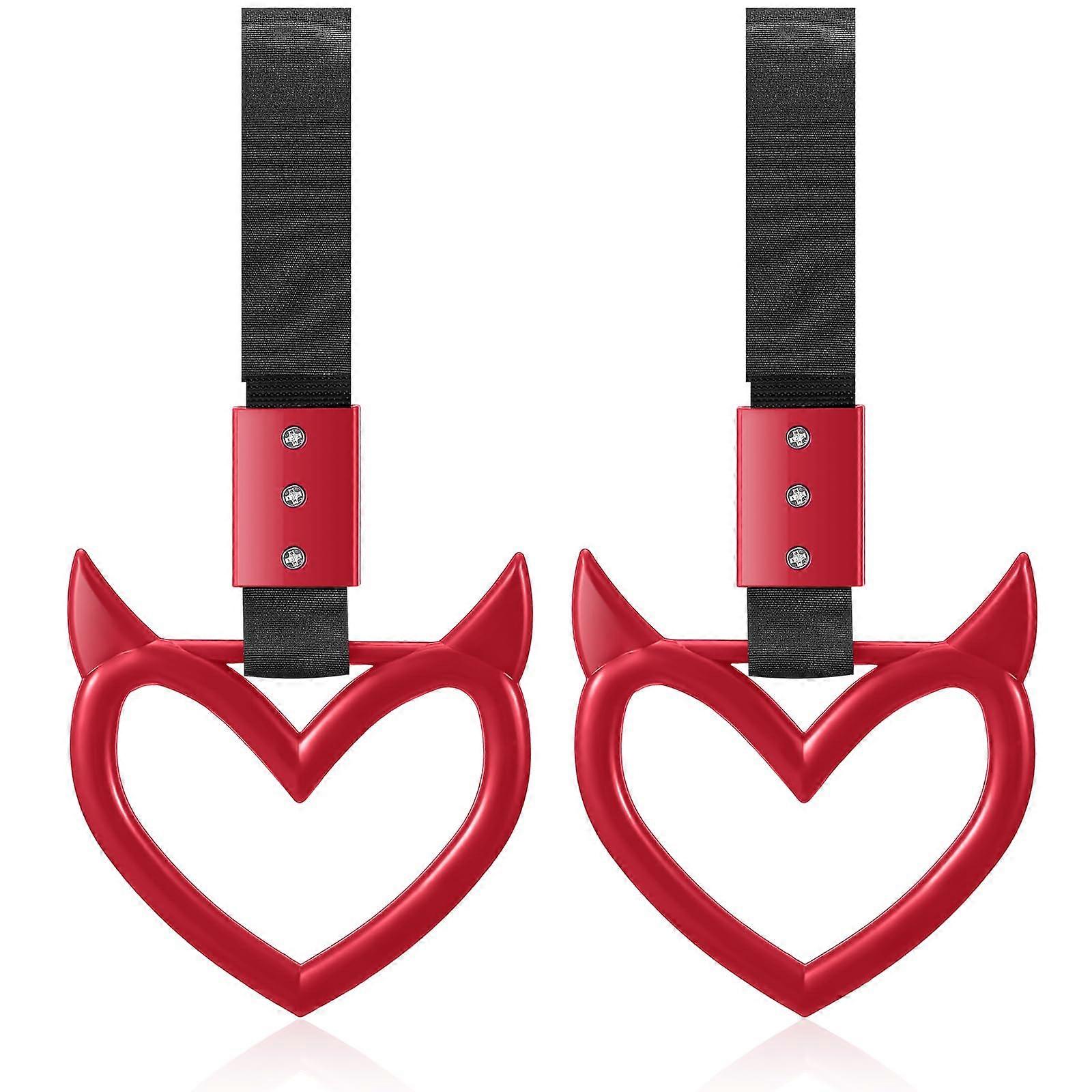 Red Devil Heart Car Hand Strap Drift Charm, PVC Nylon Rear Bumper Accessory, 2 Pack