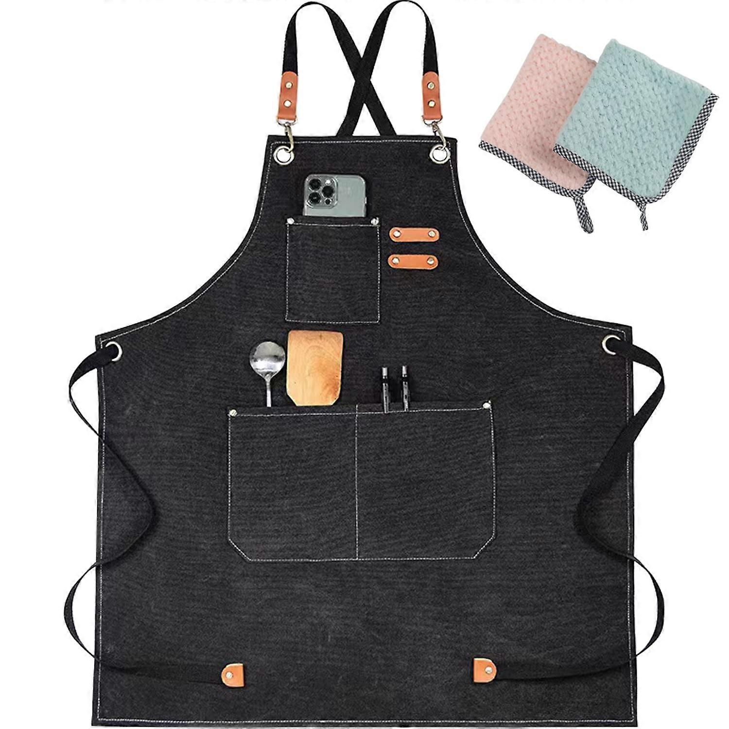 Chef Apron for Men, Adjustable Cotton Canvas Cross Back with Pockets, Durable Cooking Bib Black