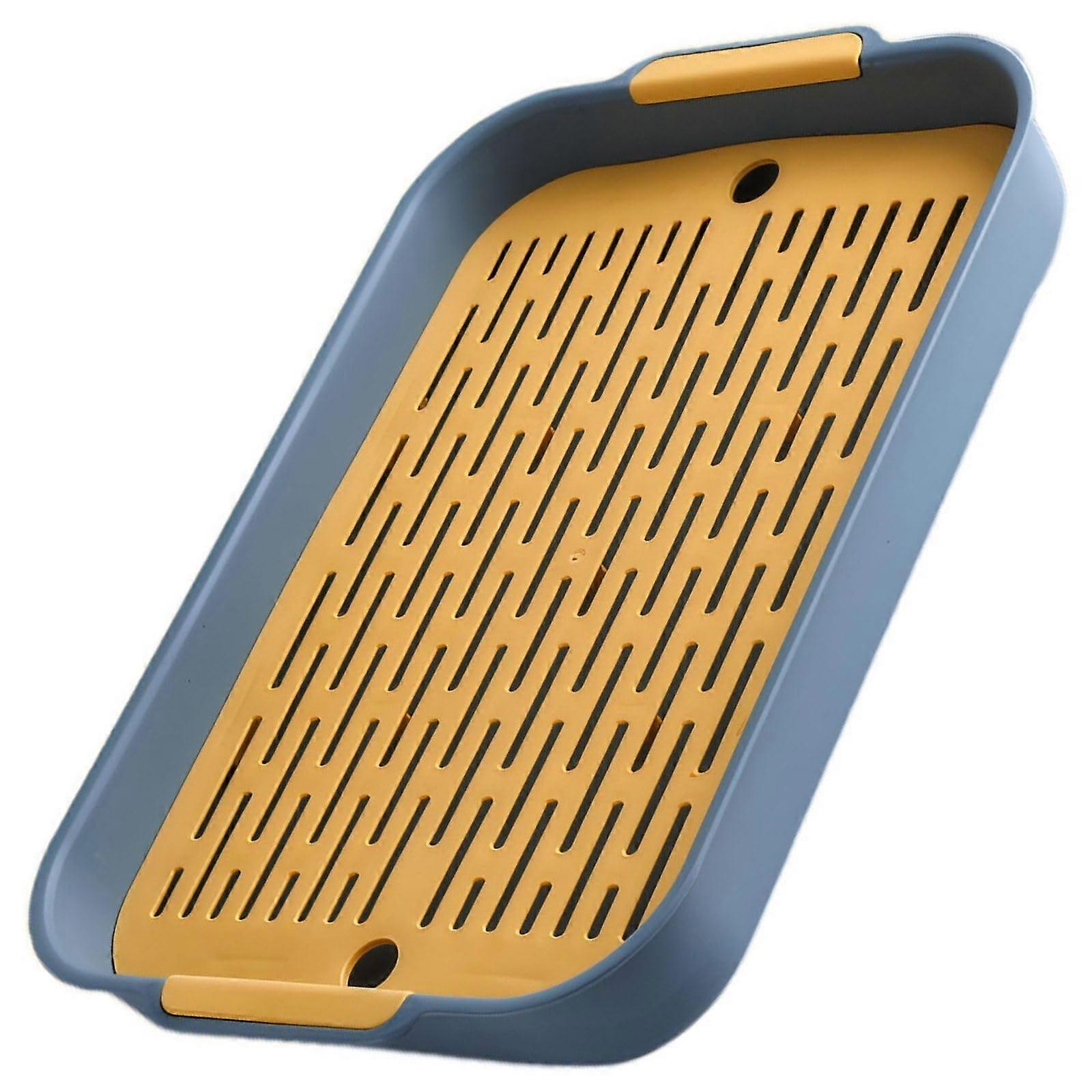 Double Layer Dish Drying Rack with Fast Drainage, Blue Rectangular Tray for Fruits and Vegetables