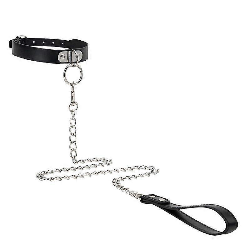 Black Leather Collar with Iron Ring, Adjustable Fit, Luxury Soft Touch, Drawstring Tie for Couples