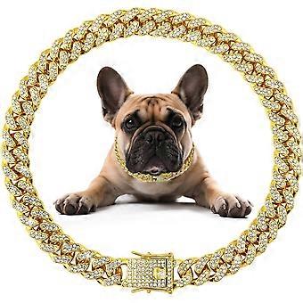 Hondenhalsband van metaal met Cubaanse schakels, gouden kristallen ketting en design met veilige gesp. Sieraden voor kleine, middelgrote en grote honden.