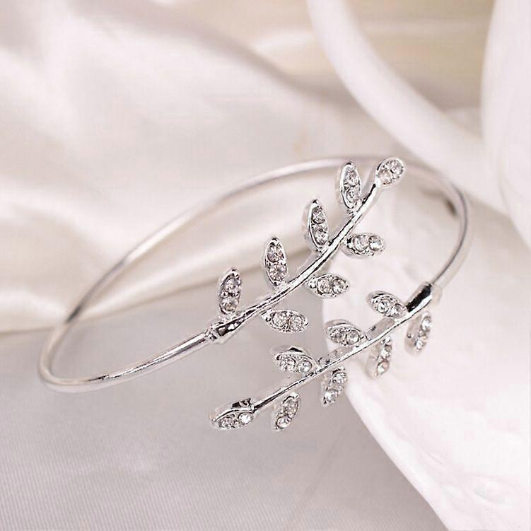 Silver plated leaf bracelet created with crystals