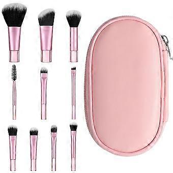 10 Pcs Mini Travel Makeup Brush Set With Pink Pouch Portable Cosmetic Brush Professional Makeup Travel-Essentials kits for Women Foundation Blush Eye