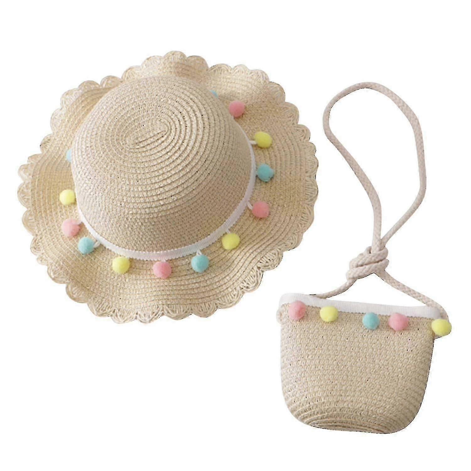 Chapeau de soleil de plage en paille à larges bords pour bébés filles, avec sac à main et pompon princesse mignon, ZV