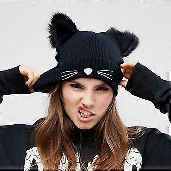 Bonnet Tricot Femme Chapeau dOreilles de Chat Hiver Chaud Cap Hats en Tricot Elastique Bonnet de Ski avec Duvet et Broderie pour Filles Adultes (Noir)