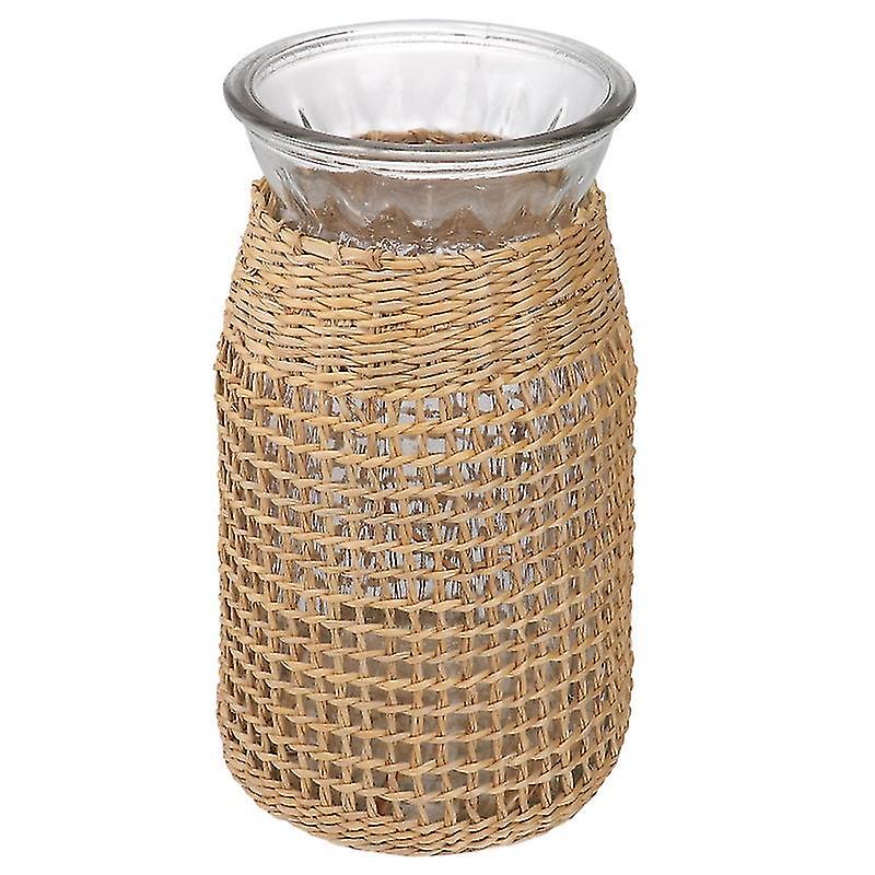 20X9.5cm Khaki Vases 1pc Creative Glass Vase Straw Weaving Vase Flower Container Desktop Decor