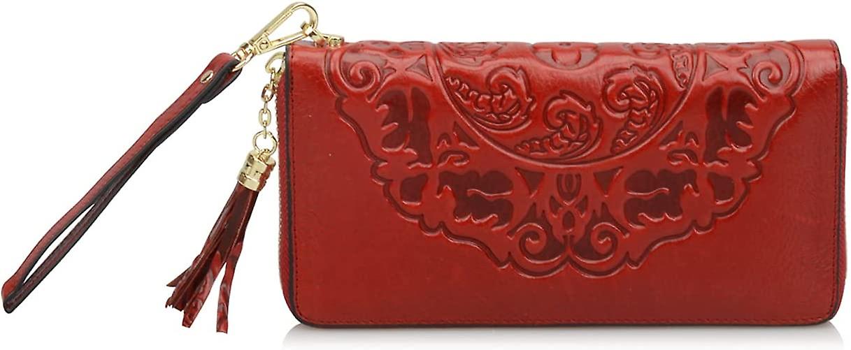 レディースフローラ本革デザイナーリストレットウォレット財布マネーオーガナイザー(ミディアム7.87インチ(w)x 1.18インチ(d)x 3.94インチ(h)、ダークレッド)ダークレッドミディアム7.87インチ(w
