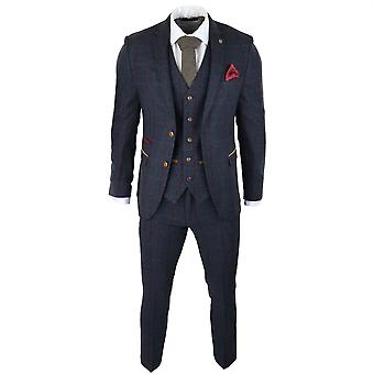 Abito Uomo 3 Pezzi In Tweed Blu A Spina Di Pesce Con Gessato, Giacca, Gilet E Pantalone, Taglio Classico Per Matrimoni E Cerimonie, Composizione 84% Poliestere, 14% Lana, 2% Elastan