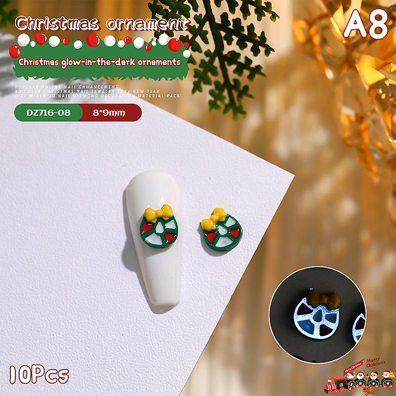 10pcs Christmas Nail Decoration 2024 Lovely Resin Santa Claus Elk Nail Jewelry Glow In The Dark Design Charm Nails Art Accessory