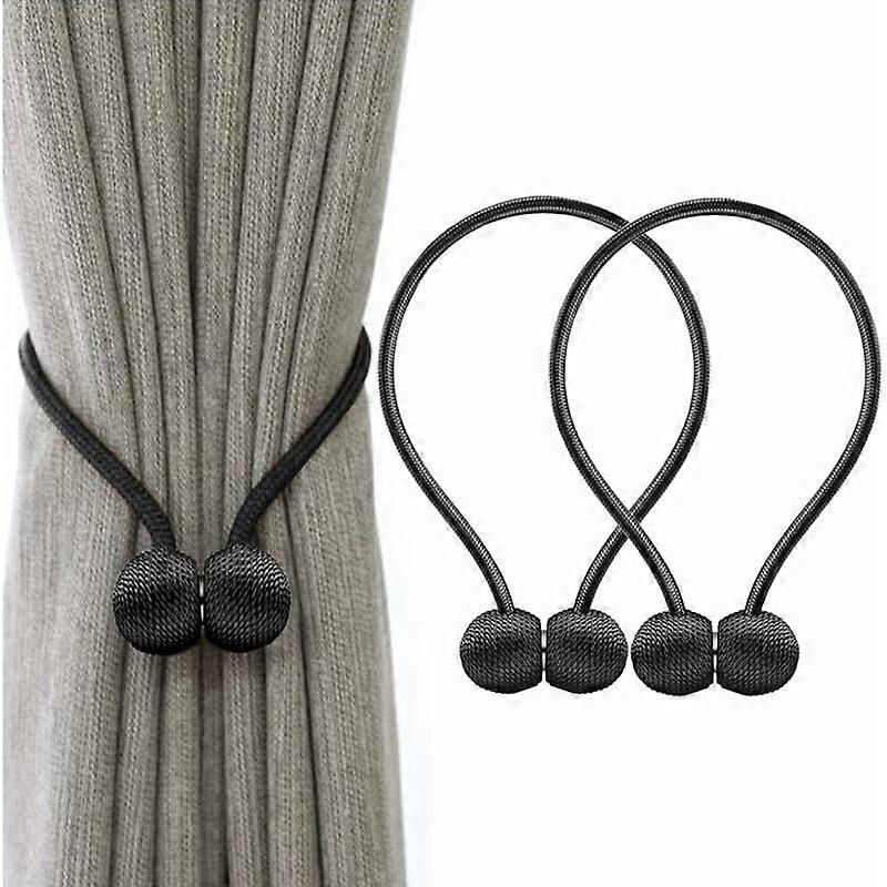 Set of 2 Magnetic Curtain Tiebacks, with Hook Ball for Curtain Ties, Rope Loops (Black)