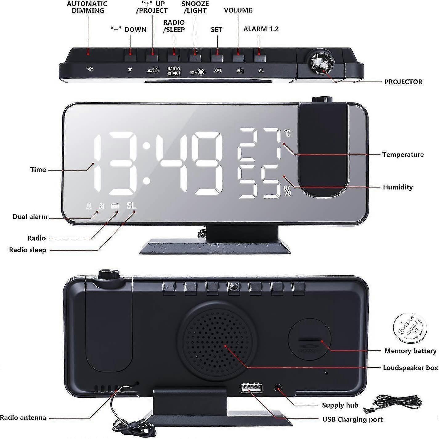 Projector Alarm Clock with FM Radio (Black)