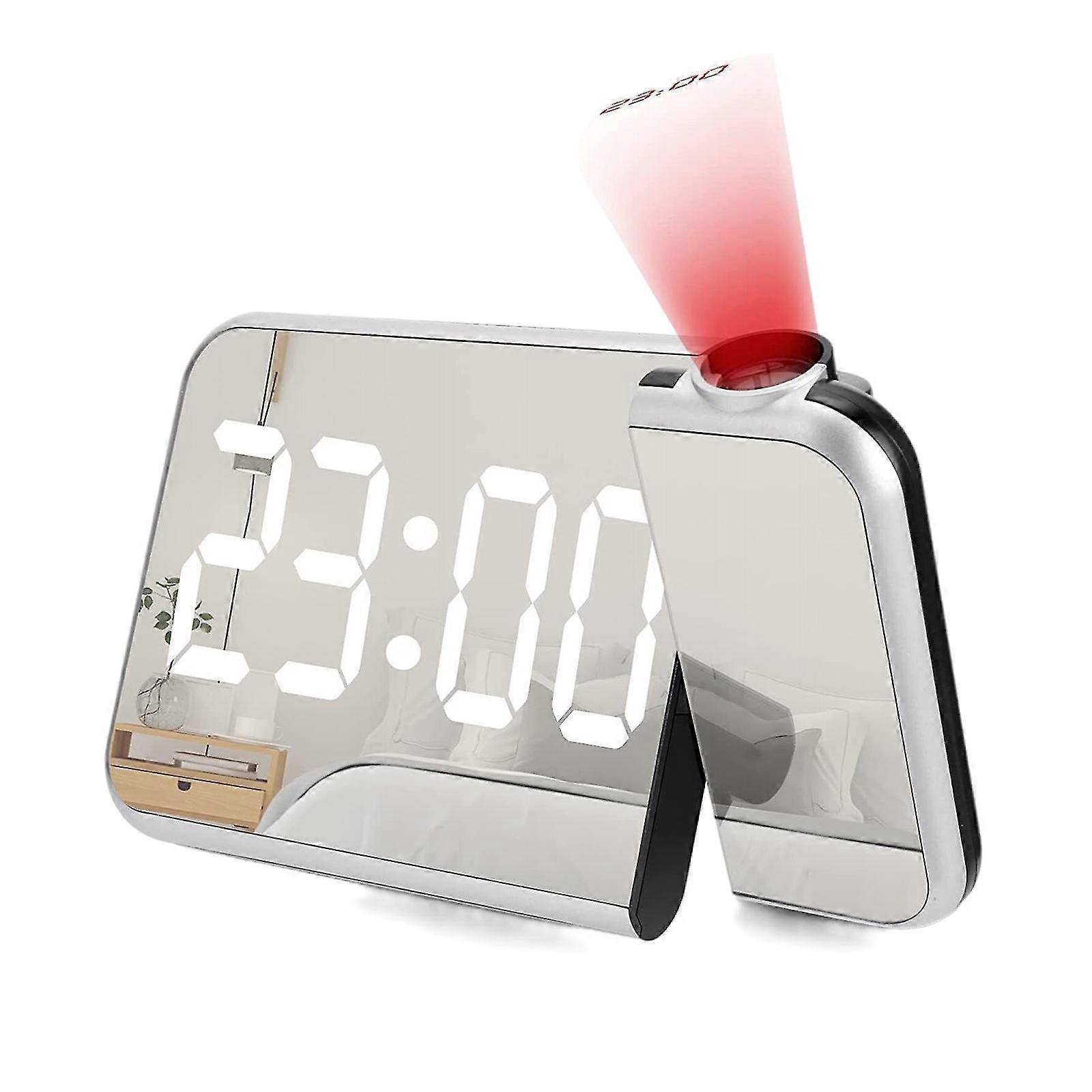 6 In Led Mirror Screen Projection Alarm Clock With Time Date Temperature Display New