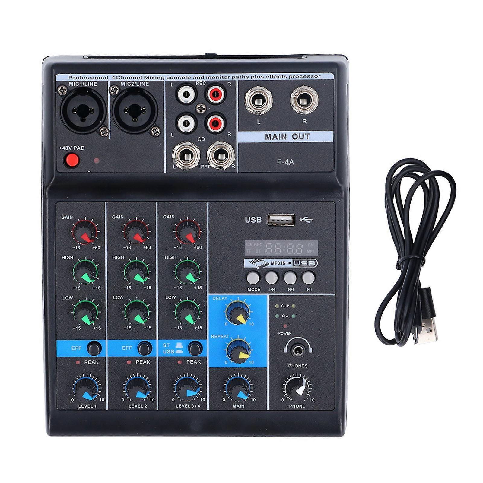 Sound Mixer USB BT 4 Channel Sound Mixing Console with 48V Phantom Button for Stage Performance