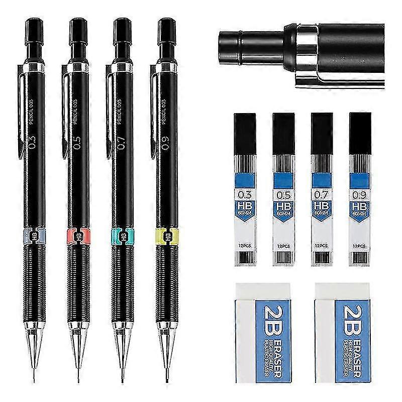Mechanical Pencil Set 0.3 0.5 0.7 0.9mm,automatic Pencil,4 Pcs With Erases And Lead Refills F