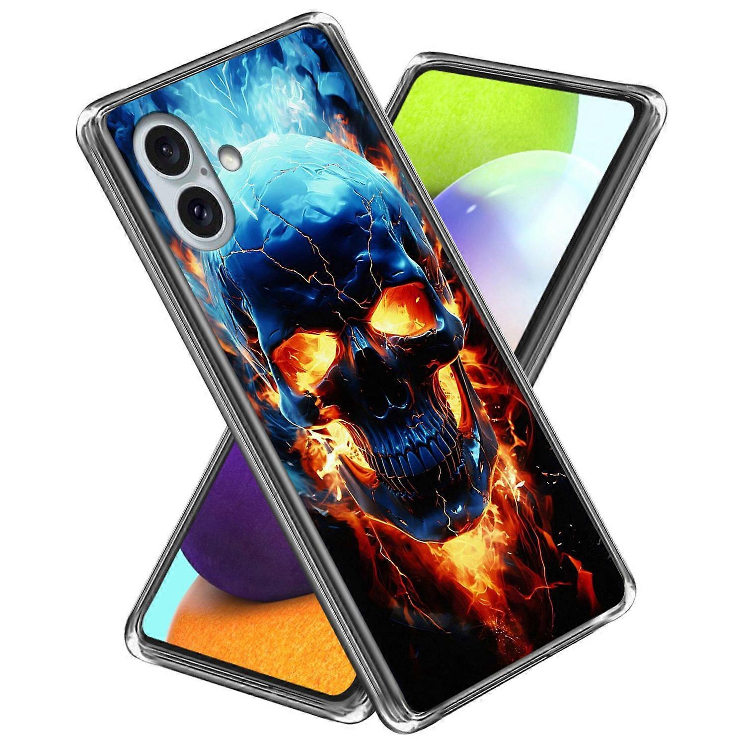 For iPhone 16 Plus Case Pattern Printed Shockproof TPU Phone Cover - Flame Skull