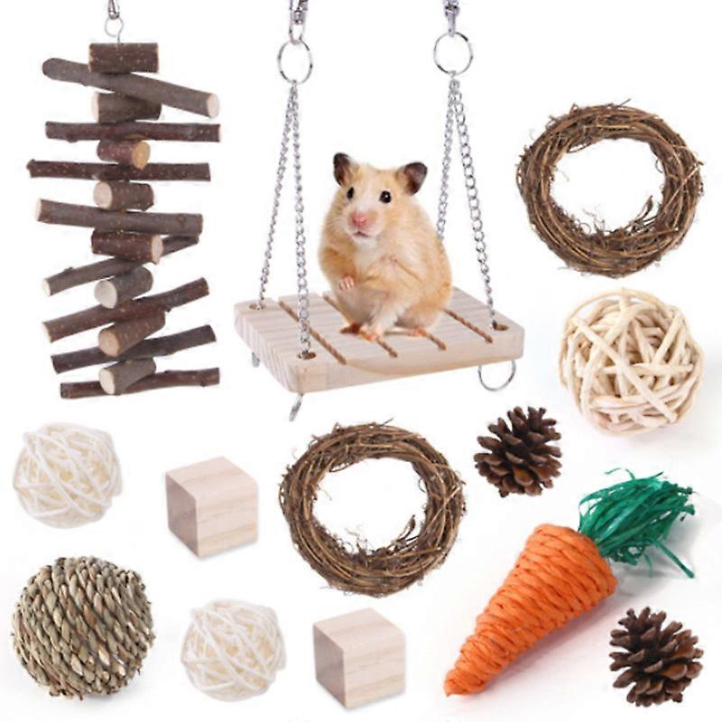 MIMIGO Hamster Chew Toys, Guinea Pig Toys Natural Wooden Gerbil Rats Chinchillas Toys Accessories Exercise Bell Roller Teeth Care Molar Toy for Syrian