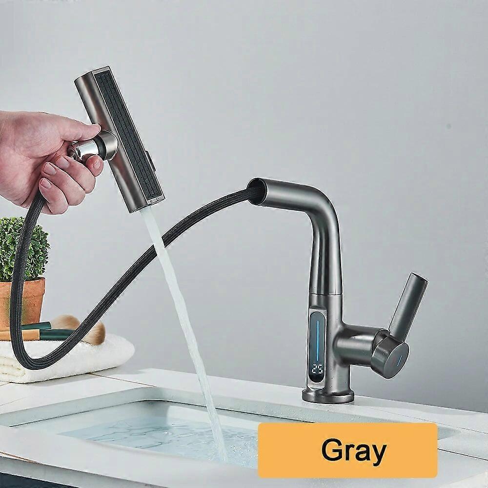 Waterfall Pull Out Kitchen Faucet with Digital Display Hot Cold Mixer Smart Faucet Gray Style