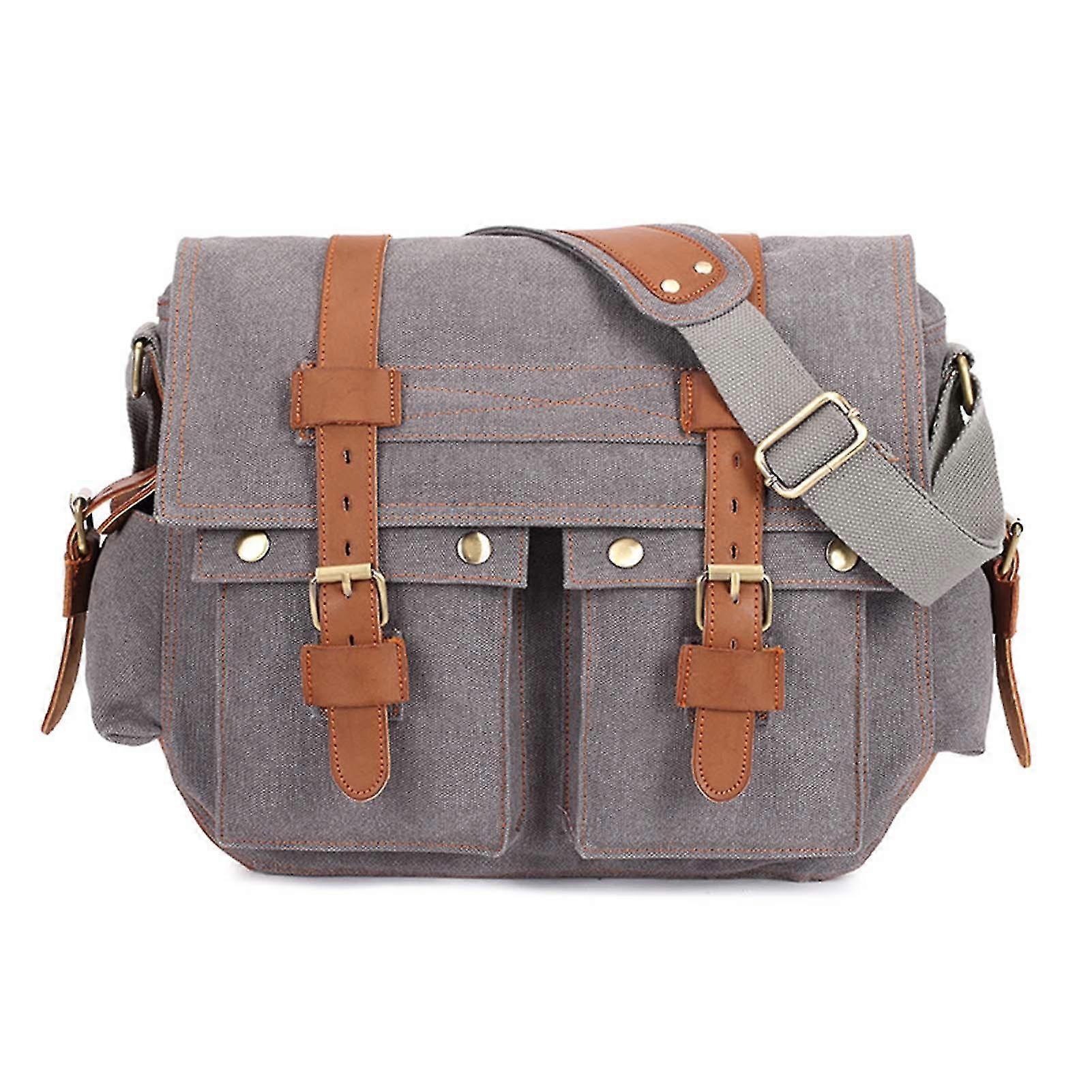 Men\'s Canvas Messenger Bag Vintage Military Leather Canvas Crossbody Shoulder Bag For Work Business