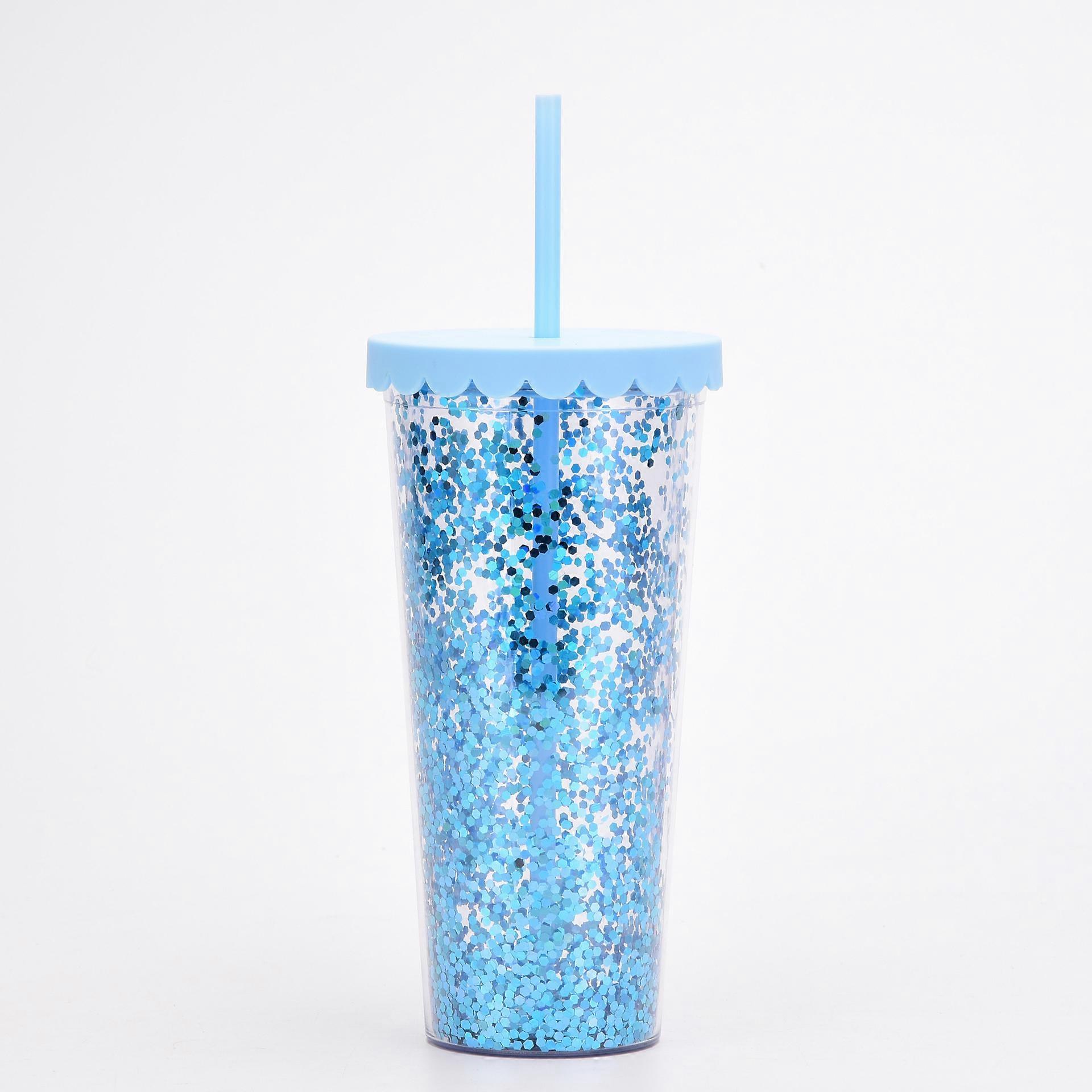 2022 new double-layer plastic cup simple transparent sequin glitter straw cup large-capacity summer water cup