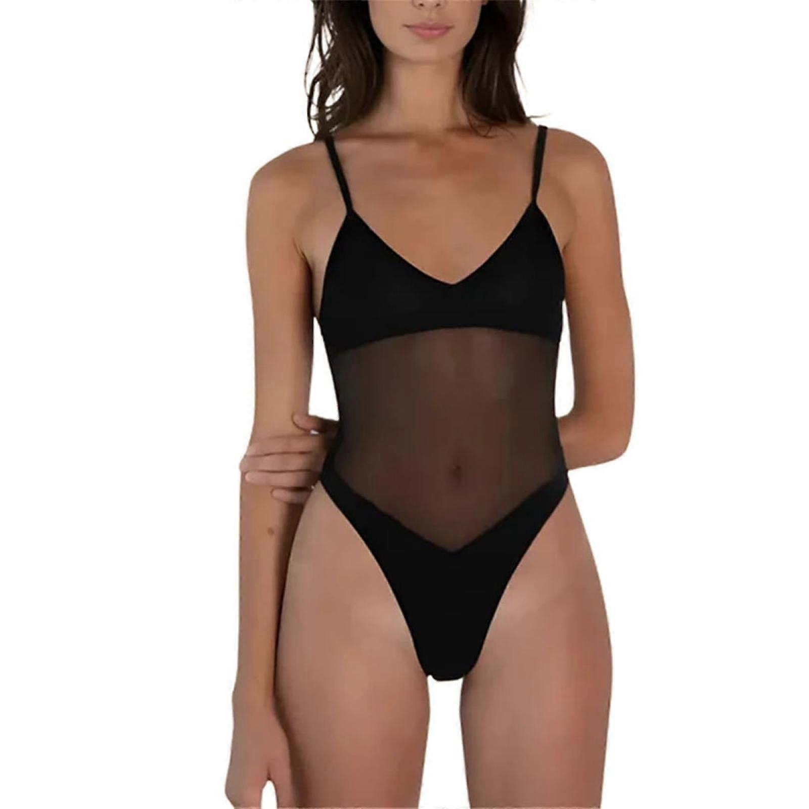 Maillot de bain une pièce, maillot de bain en maille transparente à col en V avec larges bretelles réglables -GSL