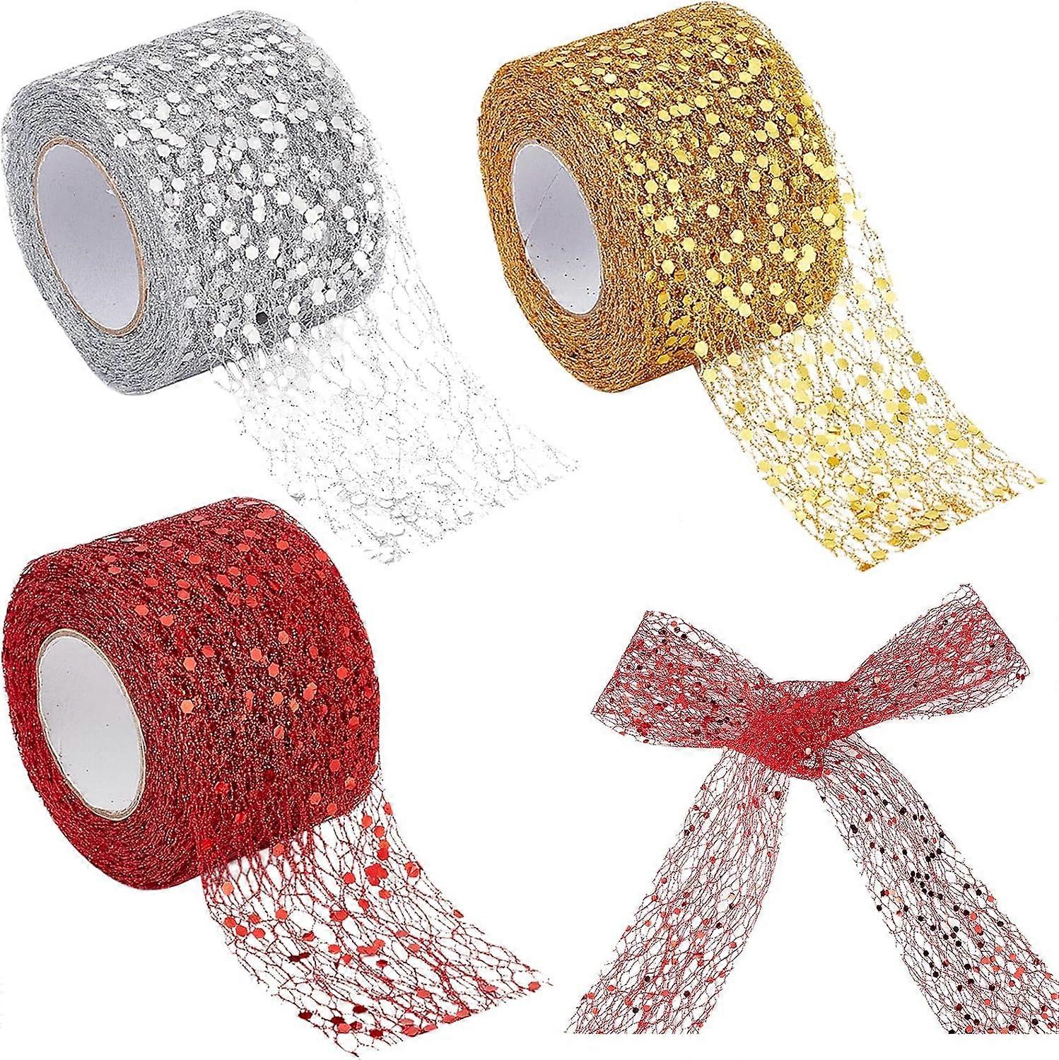 30 Yards 3 Styles Sparkling Mesh Ribbon 2 Inch Width Satin Organza Metallic Web Glitter Sequins Decorative Wire Edge Tulle Roll Spool Fabric Net for G