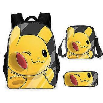 KINZON 3 Pçs / set Cartoon Anime Pokmon Crianças Mochila Lancheira Bolsa Lápis Caso Estudante Mochila 10