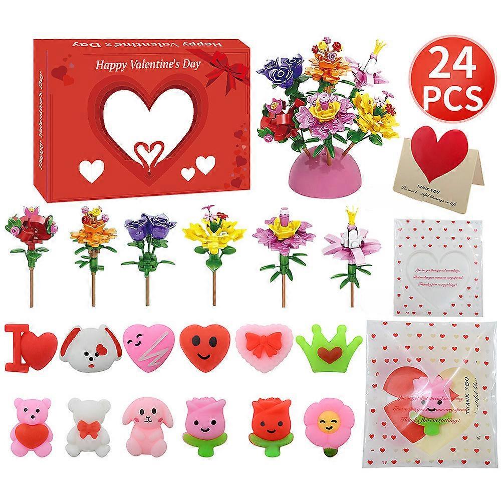 24Pcs Valentine's Day Cards for Kids Boys Girls, DIY Flower Building Block Toy for Classmate School Gift Exchange Prize Party Favors