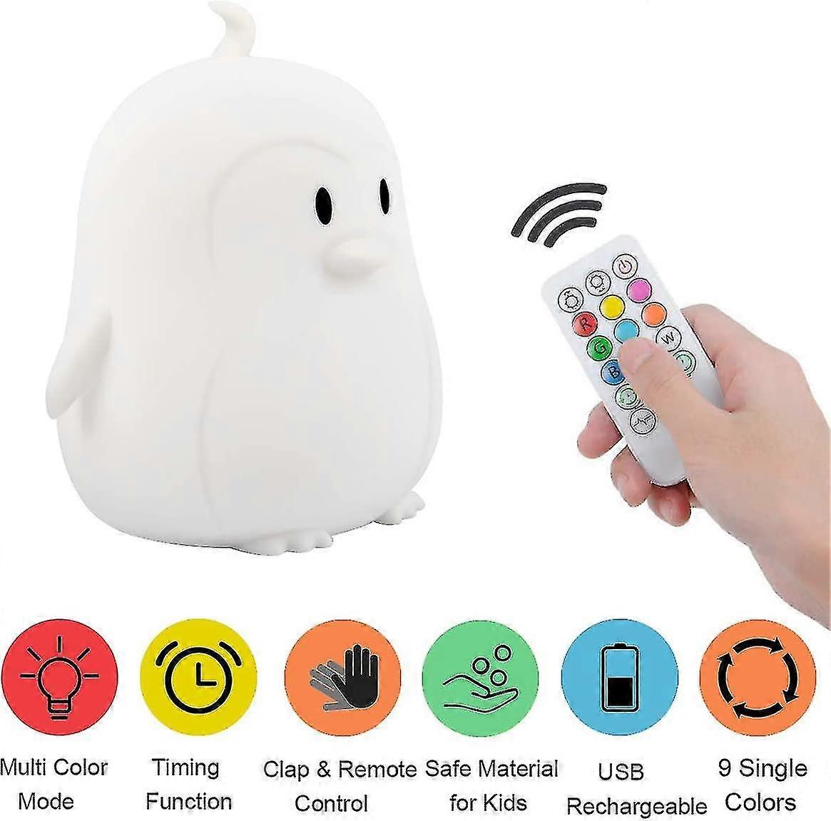 Çocuk Gece Işığı (silikon Işık) Usb Şarj Edilebilir Penguen Gece Işıkları, Dokunmatik Sensör ve Bebek / çocuk / yetişkin Bedr için Uzaktan Kumanda ile 9 Renk Değişimi