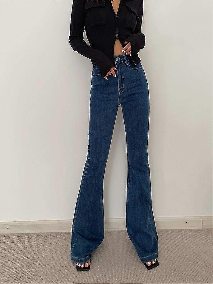 YOUGANG באיכות גבוהה בסגנון אמריקאי רטרו כחול כהה מיקרו-בלר ג'ינס בגדי ריקוד נשים סתיו וחורף מותן גבוה למתוח ספייס גירל מגב פרסה התלקחות גבוהה