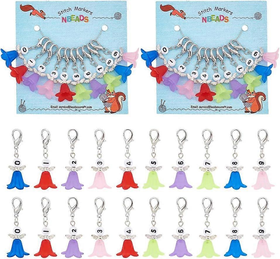 20 Pcs Number 0~9 Angel Stitch Markers 10 Colors Wing and Flower Crochet Charms Removable Lobster Clasp Locking Stitch Marker for Knitting Weaving Acc