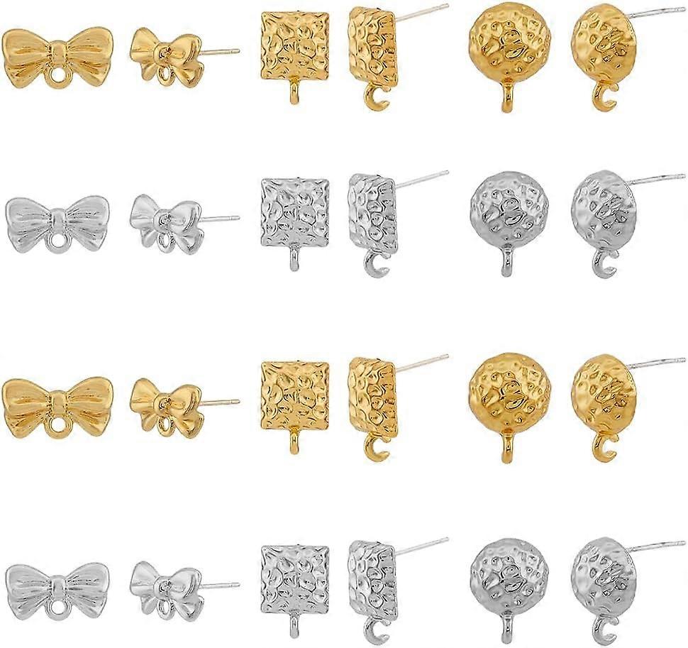 48Pcs 3 Styles Geometric Earring Stud Findings Alloy Earring Findings Textured Bowknot Square Round Earring Posts with Loop for DIY Earring Jewelry Ma