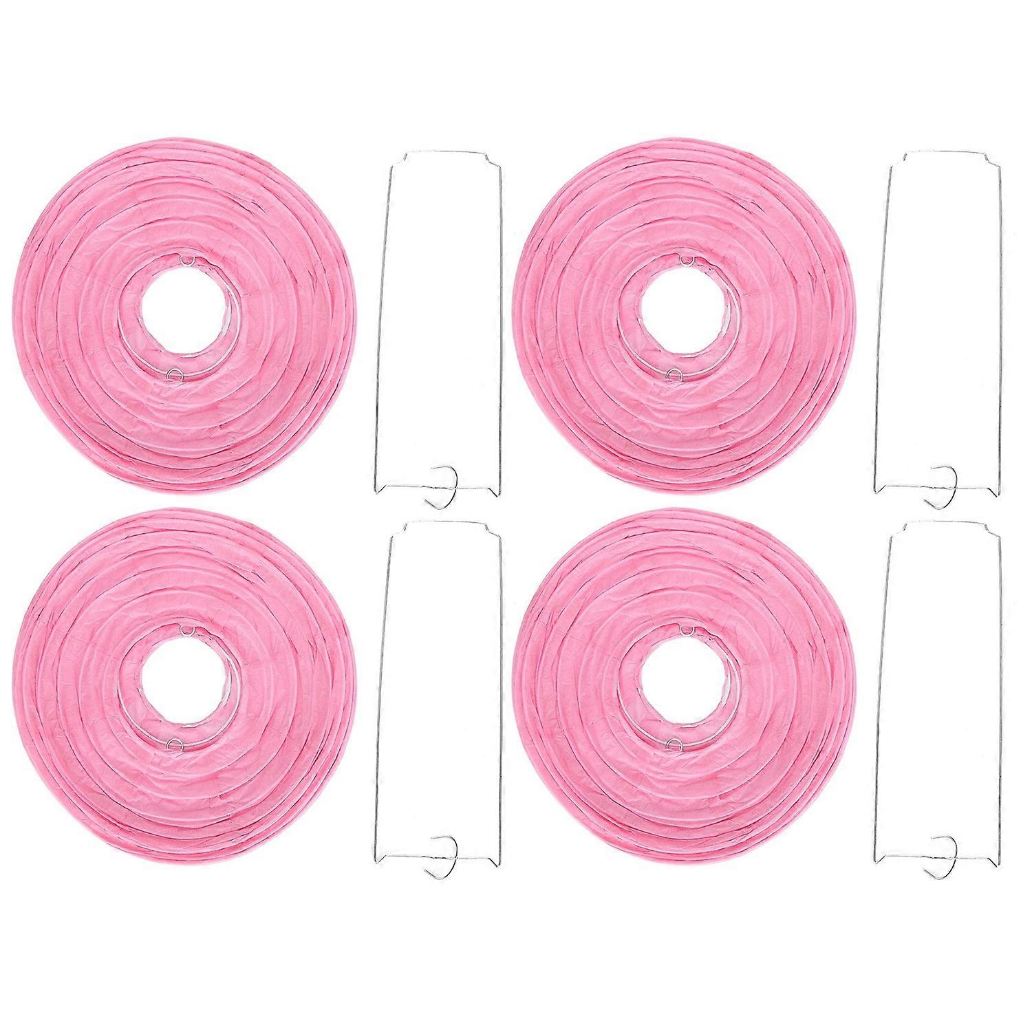 4 Sets Paper Lantern Round Pink Hand Made Hanging Decoration with Metal Support Frame