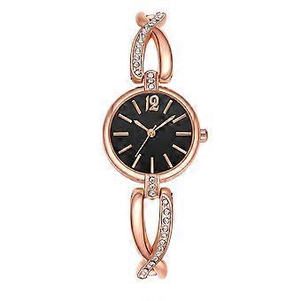 Relógio de liga com mostrador redondo com display analógico de quartzo (cinto dourado rosa e mostrador preto)