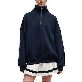 Woman Zipper Turn Down Collar Pullover Oversized Long Sleeve Sweatshirt for Winter Autumn Dark Blue M