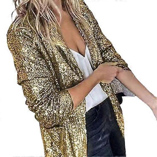נשים דש קרדיגן מזדמן שרוול ארוך חליפה קדמית פתוחה מעיל מבריק פאייטים צבע אחיד ז'קט בכושר משוחרר בגדי מועדון