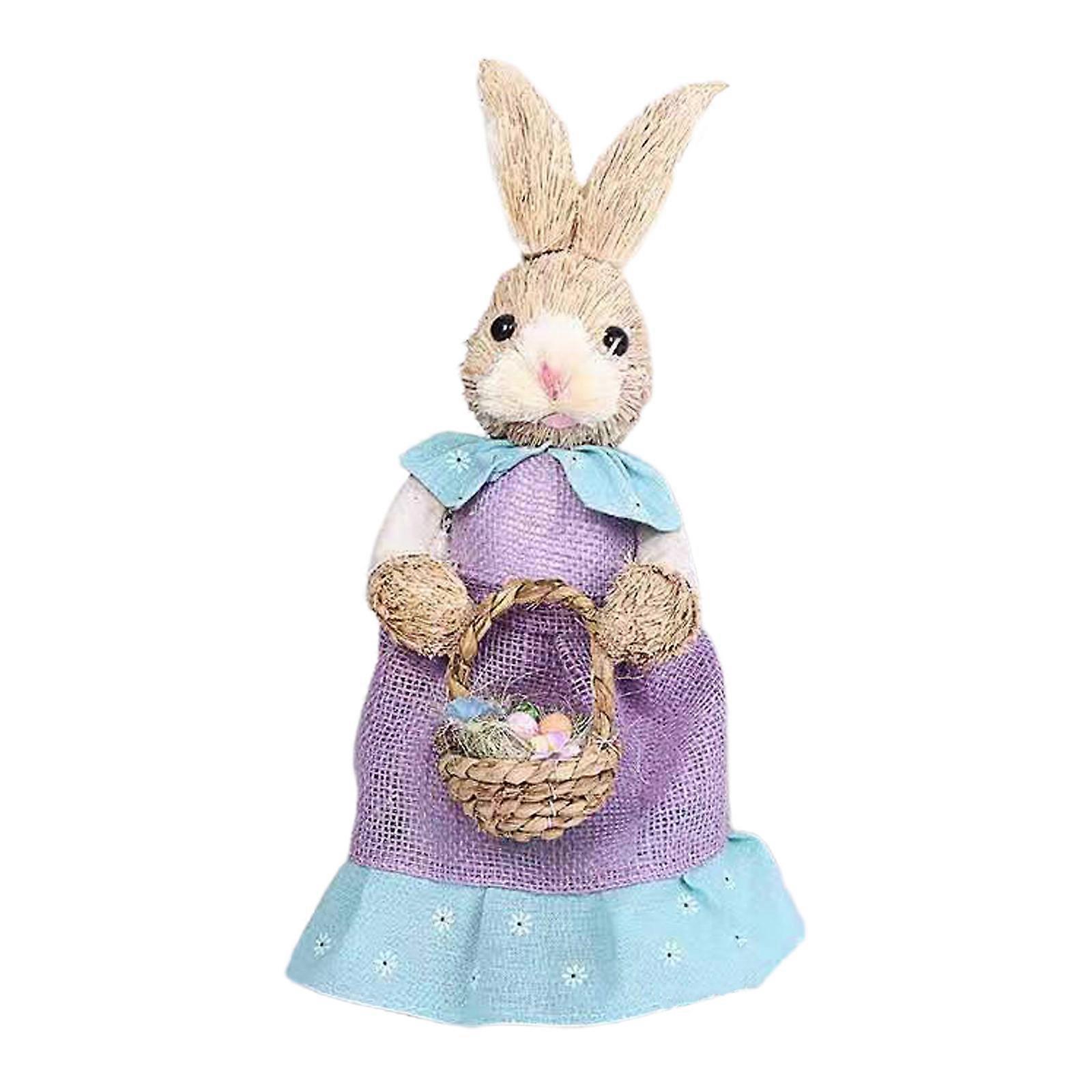 Bunny Figurine Artificial Easter Straw Rabbit Statue Animal Ornament for Easter Home Tabletop Bookshelf Decorations