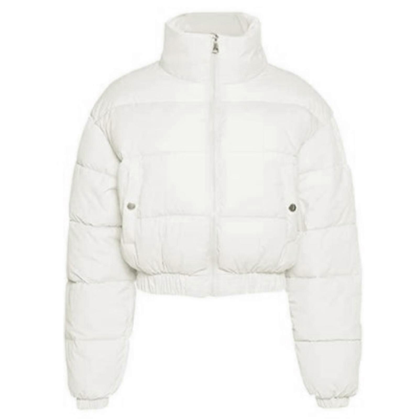 Casaco Acolchoado com Zíper e Colarinho de Inverno para Mulheres Bainha Elástica Manga Longa Solta Acolchoada Cropped Bubble Jackets com Bolsos Branco S