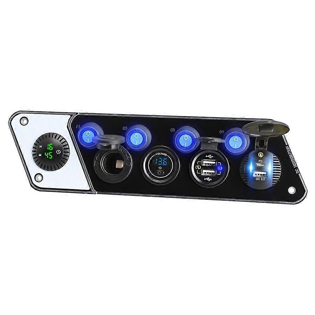 12-24V PD QC3.0 Charger with Voltmeter Digital Clock 5 Hole Panel Switch Cellphone GPS Tablet Charger for Yacht RV