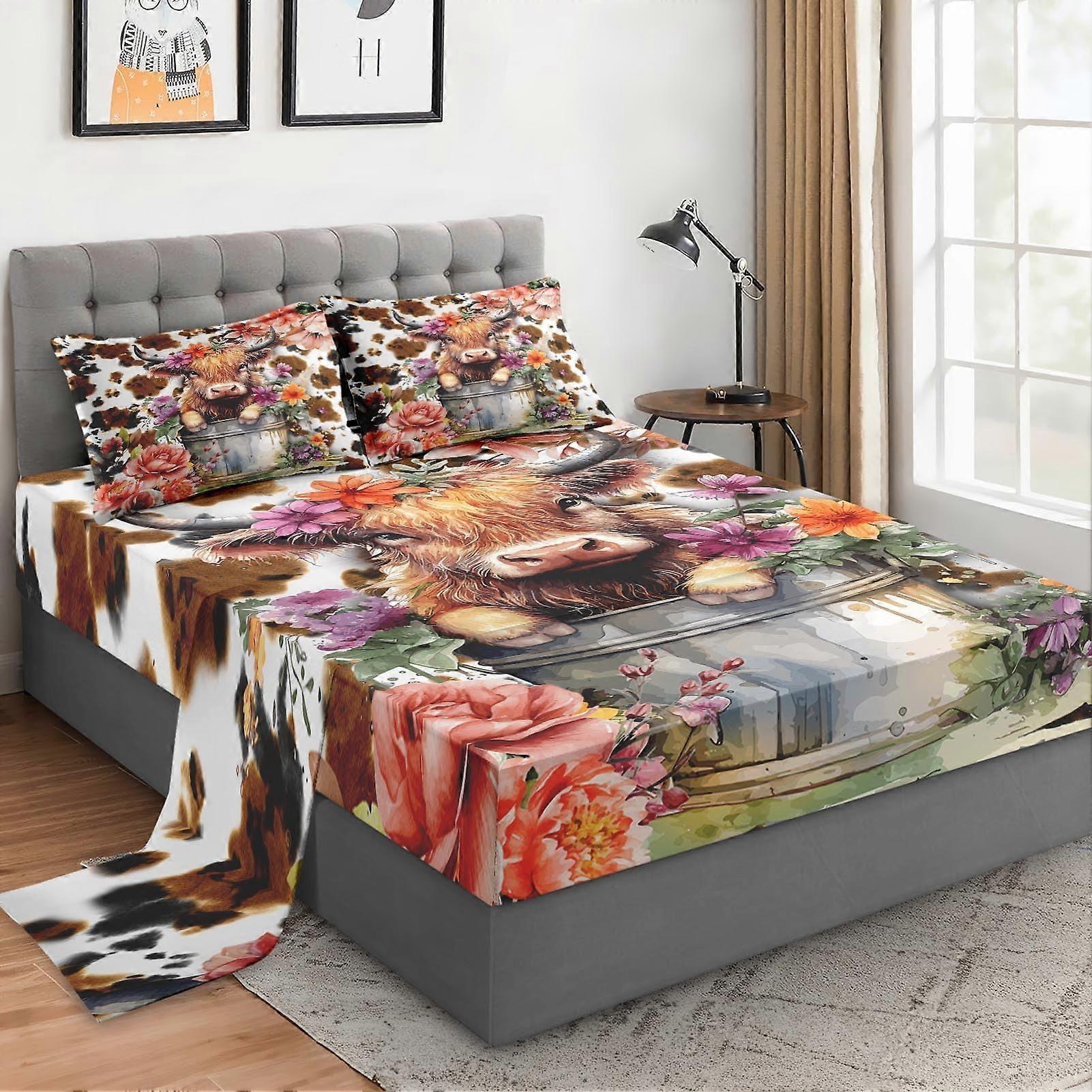 4 Pieces Cute Happy Highland Soft Microfiber Bed Sheet Sets Queen Size Bedroom Decor Highland Pattern