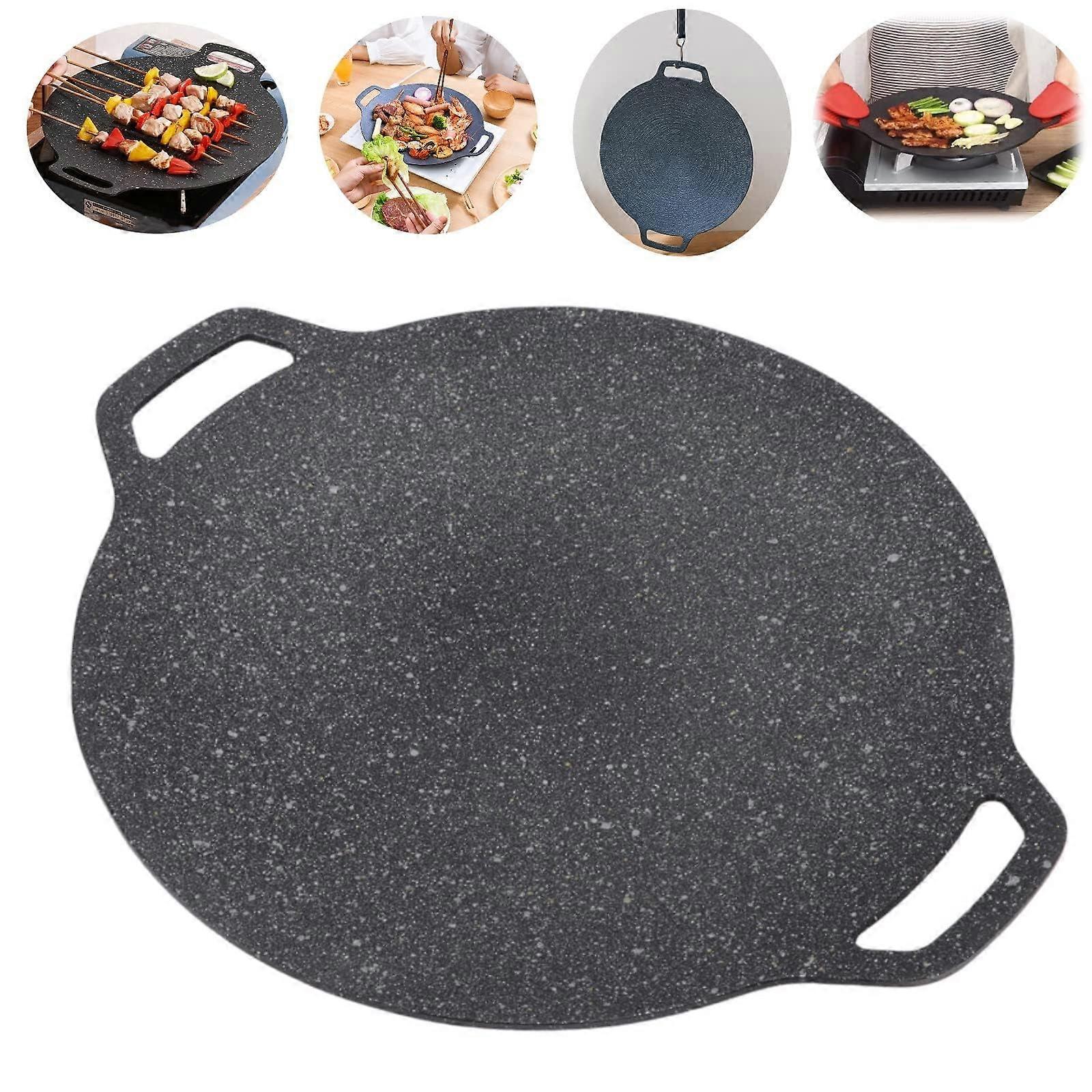 Korean BBQ Grill Pan,Korean BBQ Grill Pan Non-stick Marble Camping Round Griddle,Round Barbecue Griddle Pan with Handle (34cm/14in-Universal Model)