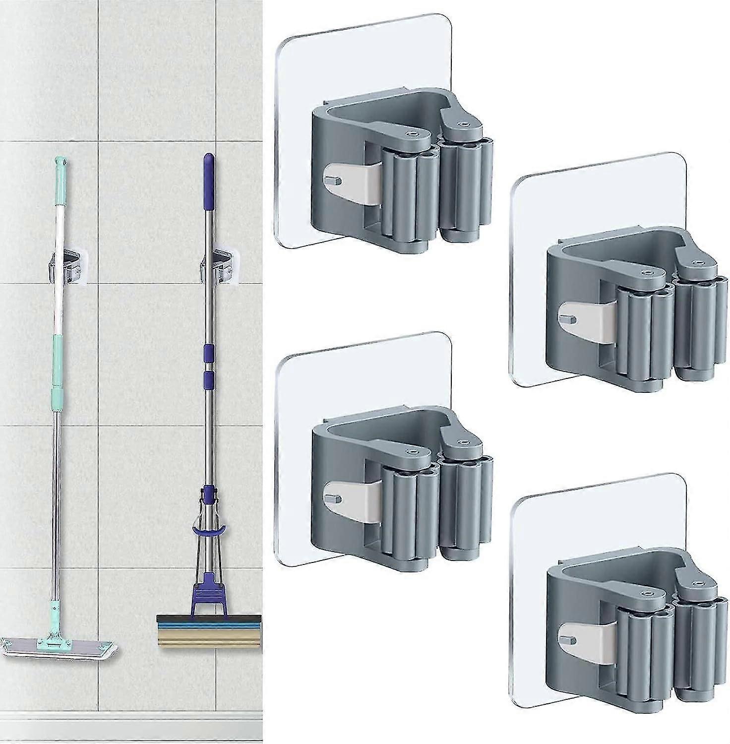 4 قطع مكنسة حامل رف ذاتية اللصق ممسحة حامل متعدد الوظائف مثبت على الحائط حامل مكنسة حامل ممسحة مع خطافات تخزين هوك ممسحة كليب للمطبخ G