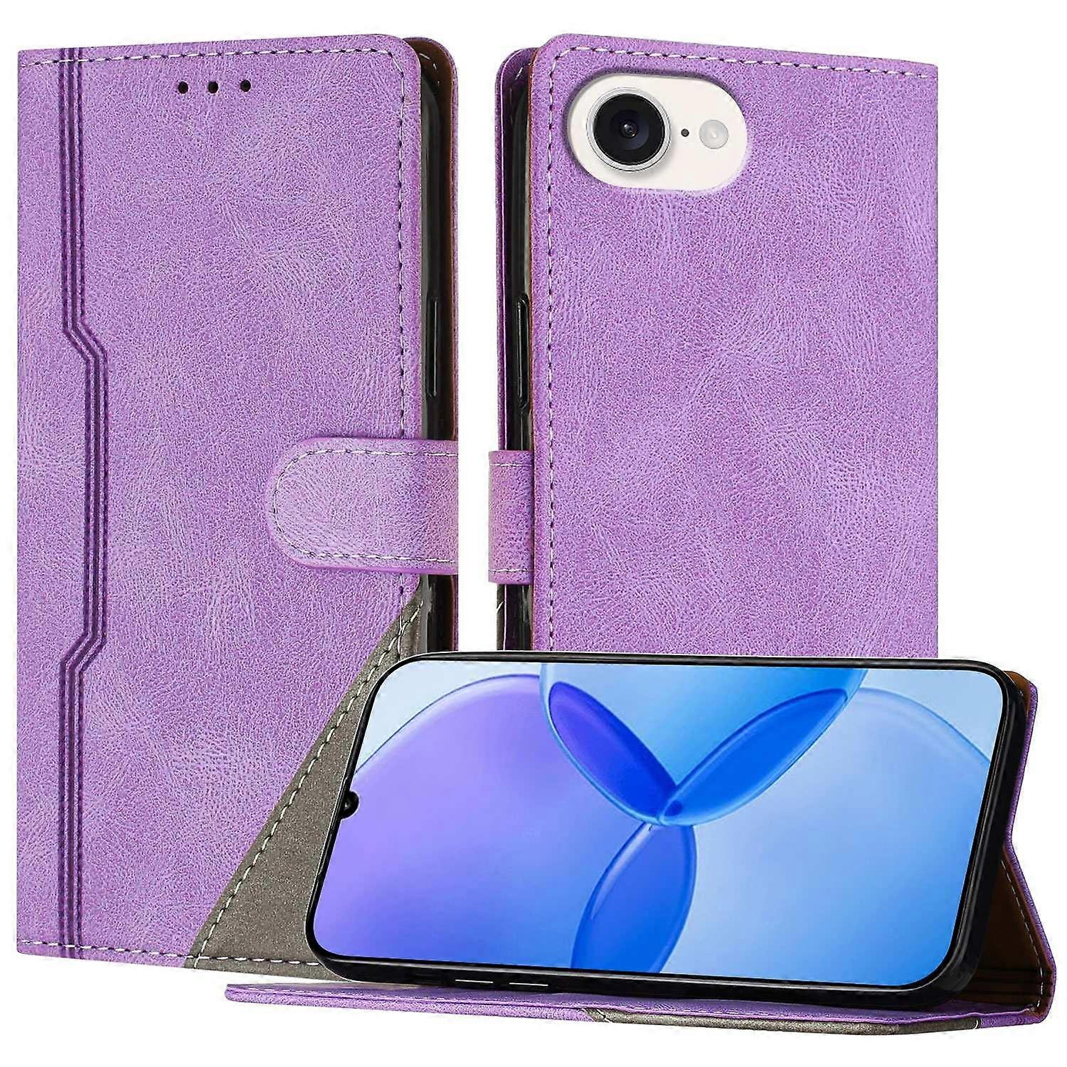 For iPhone 16e Leather Case Triangle Patchwork Wallet Stand Shockproof Phone Cover - Purple