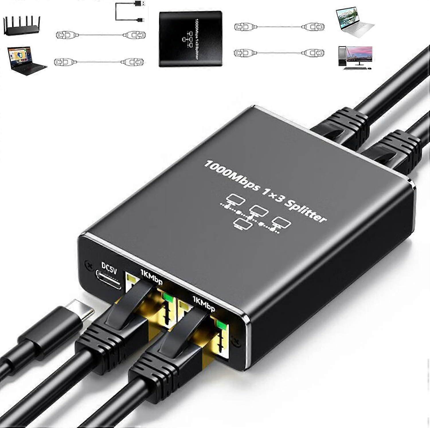2025 Latest Model  Gigabit Ethernet Splitter 1 to 3, 1000Mbps RJ45 Network