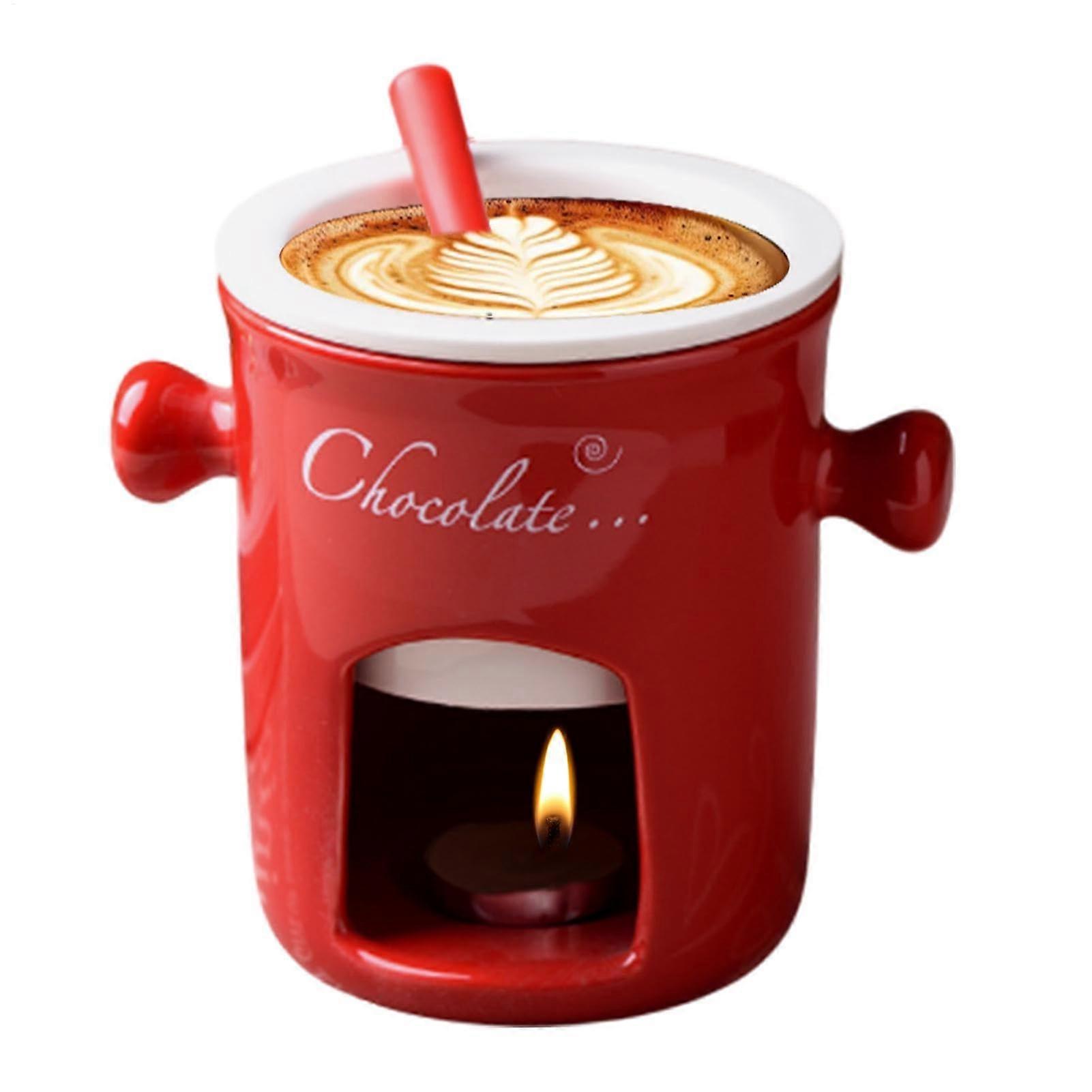 Ceramic Fondue Mug - Chocolate And Cheese Fondue Set With Candle Warmer, Red, Includes Forks