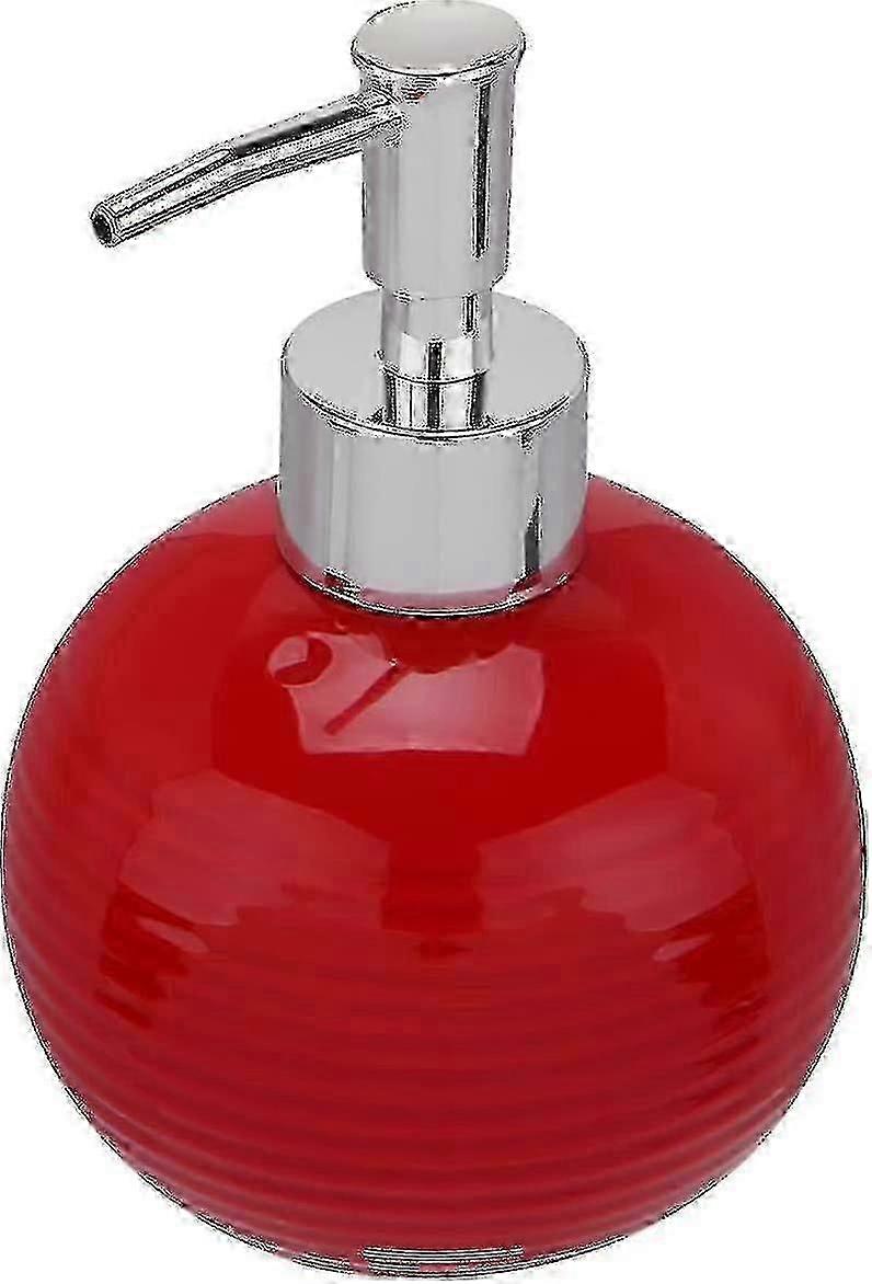Ceramic Liquid Hand Soap Dispenser - Round Press Refillable Bottle with Squeeze Pump (Red)