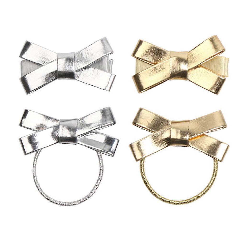 4pcs Pu Bowknot Accessori Per Capelli Elastici Clip Elastiche Di Capelli Dorato E Argento Per Uso Quotidiano Feste E