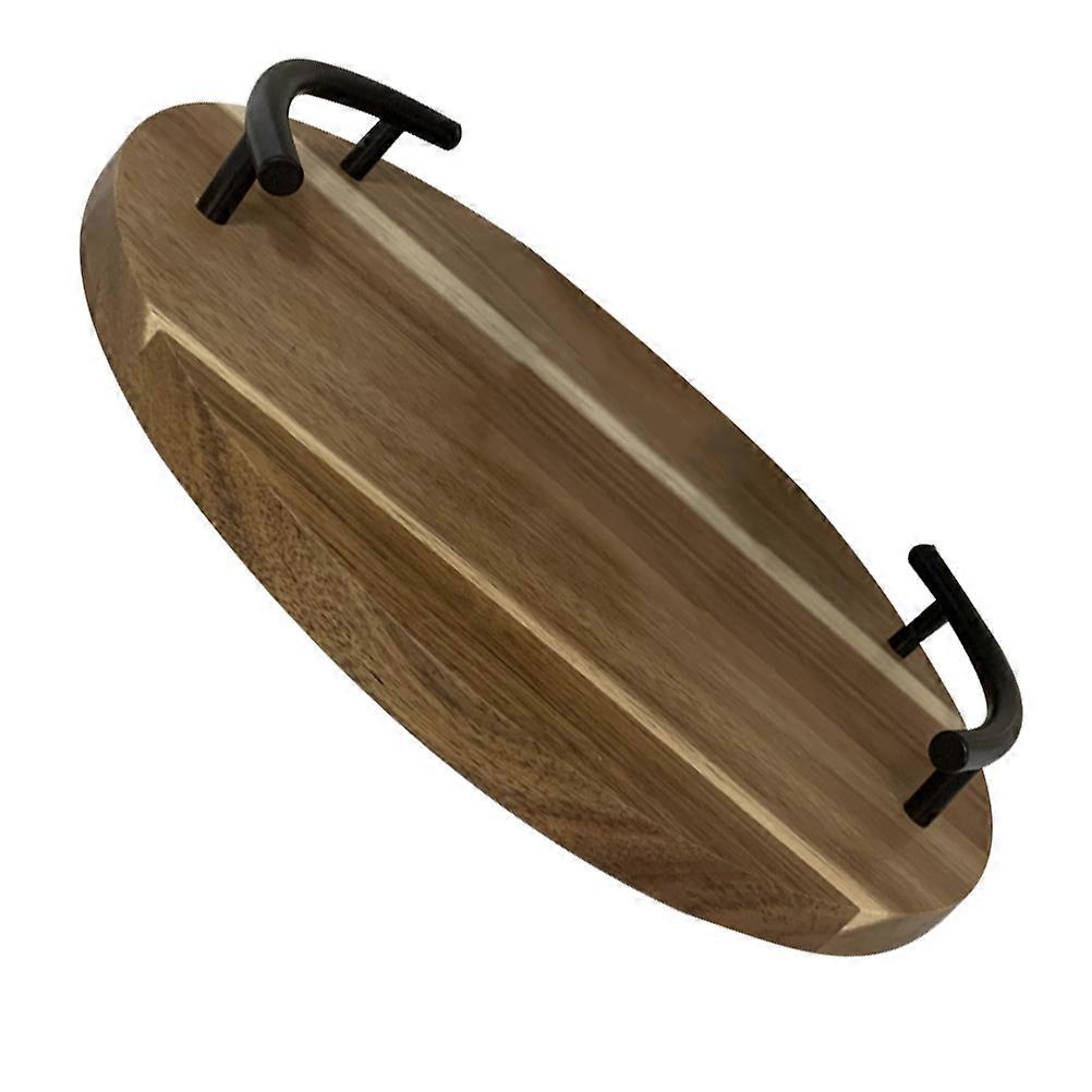 Round Wooden Tray with Handles, Ergonomic Heat Resistant Serving Platter for Snacks, Fruits, and Breakfast, Rustic Wood Design for Coffee Table,